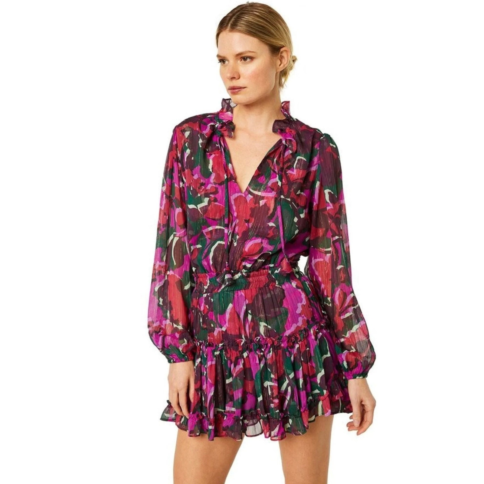 Misa Los Angeles Lorena Dress Holiday Sparkle Small Long Sleeve Tiered Mini Euc